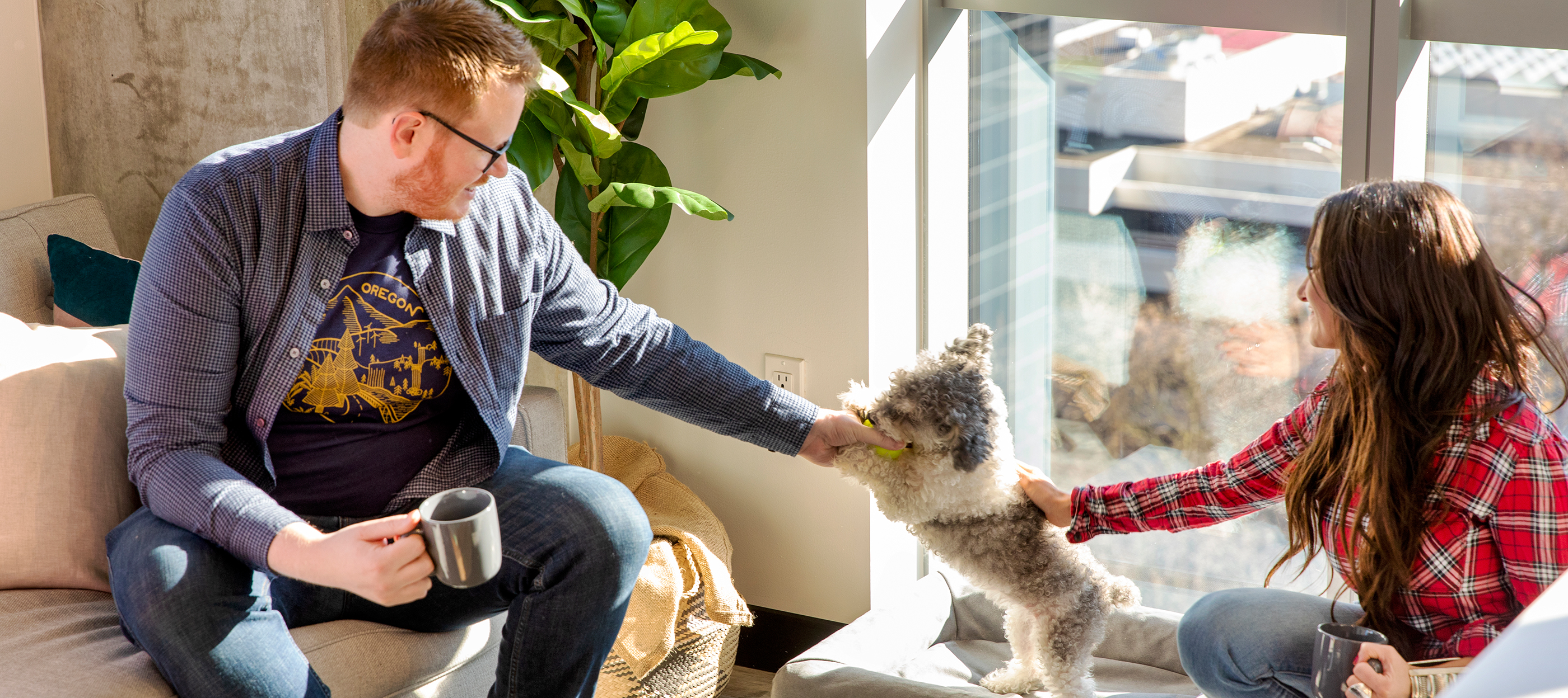 People playing with a small dog